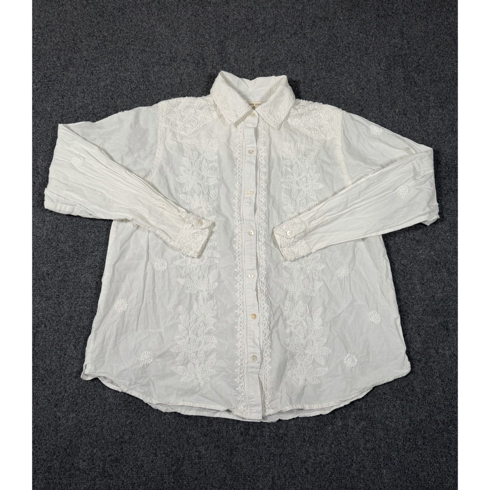 Maison Hotel Women's XS White Floral Embroidered Cotton Boho Button Shirt